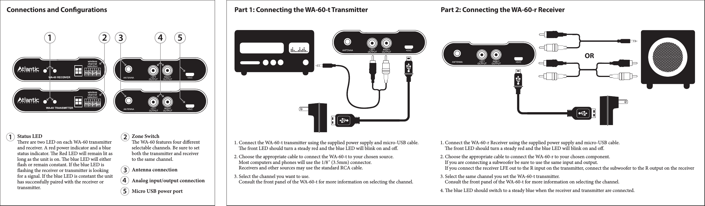 1. Connect the WA-60-t transmitter using the supplied power supply and micro-USB cable. e front LED should turn a steady red and the blue LED will blink on and oﬀ.2. Choose the appropriate cable to connect the WA-60-t to your chosen source. Most computers and phones will use the 1/8˝ (3.5mm) connector. Receivers and other sources may use the standard RCA cable. 3. Select the channel you want to use. Consult the front panel of the WA-60-t for more information on selecting the channel.Status LEDere are two LED on each WA-60 transmitterand receiver. A red power indicator and a bluestatus indicator. e Red LED will remain lit aslong as the unit is on. e blue LED will eitherash or remain constant. If the blue LED isashing the receiver or transmitter is lookingfor a signal. If the blue LED is constant the unithas successfully paired with the receiver ortransmitter.Connections and CongurationsZone Switche WA-60 features four diﬀerent selectable channels. Be sure to setboth the transmitter and receiver to the same channel.Antenna connection Analog input/output connectionMicro USB power portPart 1: Connecting the WA-60-t Transmitter Part 2: Connecting the WA-60-r Receiver1. Connect the WA-60-r Receiver using the supplied power supply and micro-USB cable. e front LED should turn a steady red and the blue LED will blink on and oﬀ.2. Choose the appropriate cable to connect the WA-60-r to your chosen component. If you are connecting a subwoofer be sure to use the same input and output. If you connect the receiver LFE out to the R input on the transmitter, connect the subwoofer to the R output on the receiver3. Select the same channel you set the WA-60-t transmitter. Consult the front panel of the WA-60-t for more information on selecting the channel.4. e blue LED should switch to a steady blue when the receiver and transmitter are connected.OR