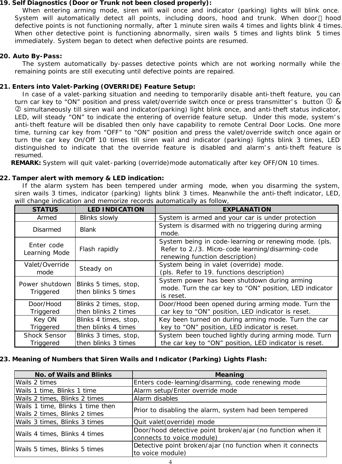  419. Self Diagnostics (Door or Trunk not been closed properly): When entering arming mode, siren will wail once and indicator (parking) lights will blink once.  System will automatically detect all points, including doors, hood and trunk. When door、hood defective points is not functioning normally, after 1 minute siren wails 4 times and lights blink 4 times. When  other detective point is functioning abnormally, siren wails 5 times and lights blink  5 times immediately. System began to detect when defective points are resumed.  20. Auto By-Pass: The system automatically by-passes detective points which are not working normally while the remaining points are still executing until defective points are repaired.  21. Enters into Valet-Parking (OVERRIDE) Feature Setup: In case of a valet-parking situation and needing to temporarily disable anti-theft feature, you can turn car key to &ldquo;ON&rdquo; position and press valet/override switch once or press transmitter&rsquo;s  button &bull; &amp; &sbquo; simultaneously till siren wail and indicator(parking) light blink once, and anti-theft status indicator, LED, will steady &ldquo;ON&rdquo; to indicate the entering of override feature setup.  Under this mode, system&rsquo;s anti-theft feature will be disabled then only have capability to remote Central Door Locks. One more time, turning car key from &ldquo;OFF&rdquo; to &ldquo;ON&rdquo; position and press the valet/override switch once again or turn the car key On/Off 10 times till siren wail and indicator (parking) lights blink 3 times, LED distinguished to indicate that the override feature is disabled and alarm&rsquo;s anti-theft feature is resumed. REMARK: System will quit valet-parking (override)mode automatically after key OFF/ON 10 times.  22. Tamper alert with memory &amp; LED indication: If the alarm system has been tempered under arming  mode, when you disarming the system, siren wails 3 times, indicator (parking) lights blink 3 times. Meanwhile the anti-theft indicator, LED, will change indication and memorize records automatically as follow,  STATUS LED INDICATION EXPLANATION  Armed  Blinks slowly  System is armed and your car is under protection  Disarmed  Blank  System is disarmed with no triggering during arming mode.  Enter code  Learning Mode  Flash rapidly  System being in code-learning or renewing mode. (pls. Refer to 2./3. Micro-code learning/disarming-code renewing function description)  Valet/Override mode  Steady on  System being in valet (override) mode.              (pls. Refer to 19. functions description) Power shutdown Triggered Blinks 5 times, stop, then blinks 5 times  System power has been shutdown during arming mode. Turn the car key to &ldquo;ON&rdquo; position, LED indicator is reset. Door/Hood Triggered Blinks 2 times, stop, then blinks 2 times  Door/Hood been opened during arming mode. Turn the car key to &ldquo;ON&rdquo; position, LED indicator is reset. Key ON Triggered Blinks 4 times, stop, then blinks 4 times  Key been turned on during arming mode. Turn the car key to &ldquo;ON&rdquo; position, LED indicator is reset. Shock Sensor  Triggered Blinks 3 times, stop, then blinks 3 times  System been touched lightly during arming mode. Turn the car key to &ldquo;ON&rdquo; position, LED indicator is reset.  23. Meaning of Numbers that Siren Wails and Indicator (Parking) Lights Flash:  No. of Wails and Blinks Meaning Wails 2 times Enters code-learning/disarming, code renewing mode Wails 1 time, Blinks 1 time Alarm setup/Enter override mode Wails 2 times, Blinks 2 times Alarm disables Wails 1 time, Blinks 1 time then  Wails 2 times, Blinks 2 times Prior to disabling the alarm, system had been tempered Wails 3 times, Blinks 3 times Quit valet(override) mode Wails 4 times, Blinks 4 times Door/hood detective point broken/ajar (no function when it connects to voice module) Wails 5 times, Blinks 5 times Detective point broken/ajar (no function when it connects to voice module) 