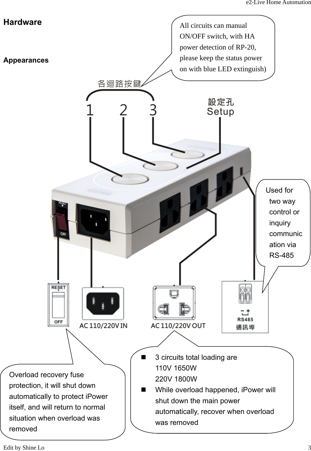 e2-Live Home Automation   Edit by Shine Lo  3Hardware Appearances             3 circuits total loading are 110V 1650W 220V 1800W   While overload happened, iPower will shut down the main power automatically, recover when overload was removed Overload recovery fuse protection, it will shut down automatically to protect iPower itself, and will return to normal situation when overload was removed Used for two way control or inquiry communication via RS-485 All circuits can manual ON/OFF switch, with HA power detection of RP-20, please keep the status power on with blue LED extinguish) 