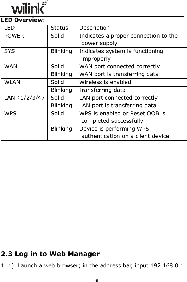                  6LED Overview: LED Status Description POWER Solid Indicates a proper connection to the power supply SYS Blinking Indicates system is functioning improperly WAN Solid WAN port connected correctly Blinking WAN port is transferring data WLAN Solid Wireless is enabled Blinking Transferring data LAN（1/2/3/4） Solid LAN port connected correctly Blinking LAN port is transferring data WPS Solid WPS is enabled or Reset OOB is completed successfully Blinking Device is performing WPS authentication on a client device               2.3 Log in to Web Manager 1. 1). Launch a web browser; in the address bar, input 192.168.0.1 