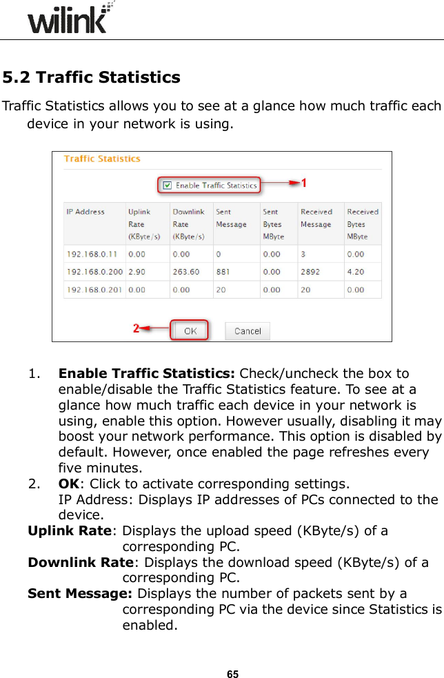                  65  5.2 Traffic Statistics Traffic Statistics allows you to see at a glance how much traffic each device in your network is using.      1. Enable Traffic Statistics: Check/uncheck the box to enable/disable the Traffic Statistics feature. To see at a glance how much traffic each device in your network is using, enable this option. However usually, disabling it may boost your network performance. This option is disabled by default. However, once enabled the page refreshes every five minutes. 2. OK: Click to activate corresponding settings. IP Address: Displays IP addresses of PCs connected to the device. Uplink Rate: Displays the upload speed (KByte/s) of a corresponding PC. Downlink Rate: Displays the download speed (KByte/s) of a corresponding PC. Sent Message: Displays the number of packets sent by a corresponding PC via the device since Statistics is enabled. 