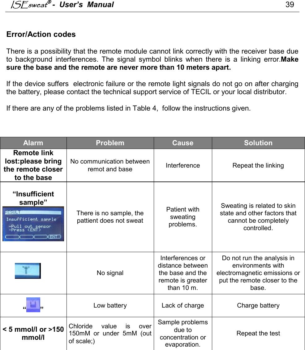 ISEsweat -  User’s  Manual                                                                                39    Error/Action codes  There is a possibility that the remote module cannot link correctly with the receiver base due to  background  interferences.  The  signal  symbol  blinks  when  there  is  a  linking  error.Make sure the base and the remote are never more than 10 meters apart.   If the device suffers  electronic failure or the remote light signals do not go on after charging the battery, please contact the technical support service of TECIL or your local distributor.  If there are any of the problems listed in Table 4,  follow the instructions given.    Alarm  Problem  Cause  Solution Remote link lost:please bring the remote closer to the base No communication between remot and base  Interference  Repeat the linking  “Insufficient sample”   There is no sample, the pattient does not sweat Patient with sweating problems. Sweating is related to skin state and other factors that cannot be completely controlled.  No signal Interferences or distance between the base and the remote is greater than 10 m. Do not run the analysis in environments with electromagnetic emissions or put the remote closer to the base. “ ”  Low battery  Lack of charge  Charge battery &lt; 5 mmol/l or &gt;150 mmol/l  Chloride  value  is  over 150mM  or  under  5mM  (out of scale;) Sample problems due to concentration or evaporation. Repeat the test  