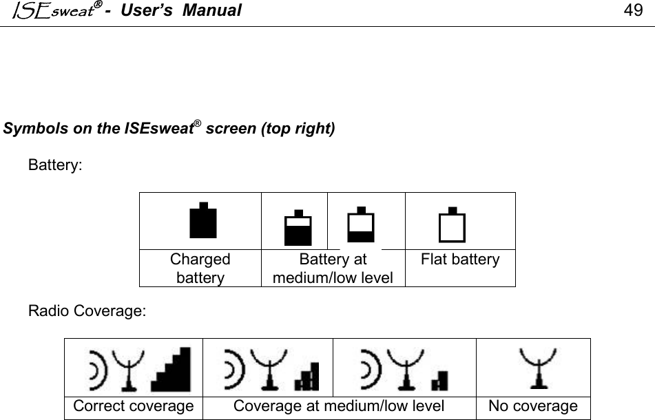 ISEsweat -  User’s  Manual                                                                                49       Symbols on the ISEsweat® screen (top right)   Battery:         Charged battery Battery at medium/low level Flat battery  Radio Coverage:      Correct coverage Coverage at medium/low level  No coverage   