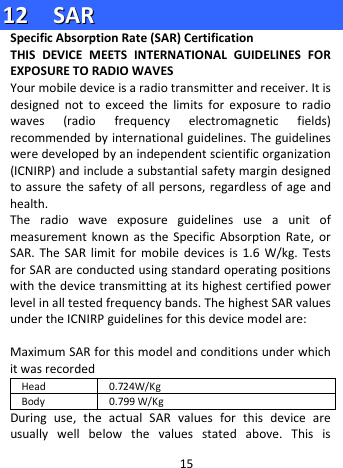  1122    SSAARR  Specific Absorption Rate (SAR) Certification   THIS DEVICE MEETS INTERNATIONAL GUIDELINES FOR EXPOSURE TO RADIO WAVES Your mobile device is a radio transmitter and receiver. It is designed not to exceed the limits for exposure to radio waves (radio frequency electromagnetic fields) recommended by international guidelines. The guidelines were developed by an independent scientific organization (ICNIRP) and include a substantial safety margin designed to assure the safety of all persons, regardless of age and health. The radio wave exposure guidelines use a unit of measurement known as the Specific Absorption Rate, or SAR. The SAR limit for mobile devices is 1.6 W/kg. Tests for SAR are conducted using standard operating positions with the device transmitting at its highest certified power level in all tested frequency bands. The highest SAR values under the ICNIRP guidelines for this device model are:  Maximum SAR for this model and conditions under which it was recorded Head 0.724W/Kg Body 0.799 W/Kg   During use, the actual SAR values for this device are usually well below the values stated above. This is 15 