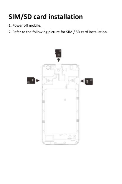   SIM/SD card installation 1. Power off mobile. 2. Refer to the following picture for SIM / SD card installation.       