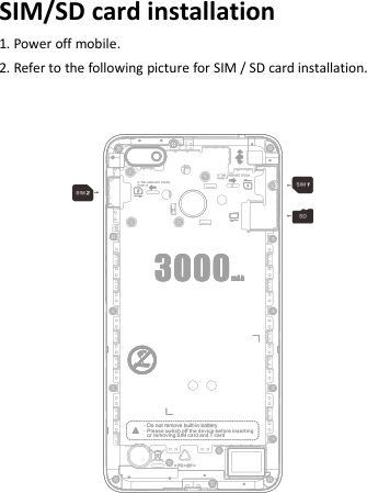 SIM/SD card installation1. Power off mobile.2. Refer to the following picture for SIM / SD card installation.