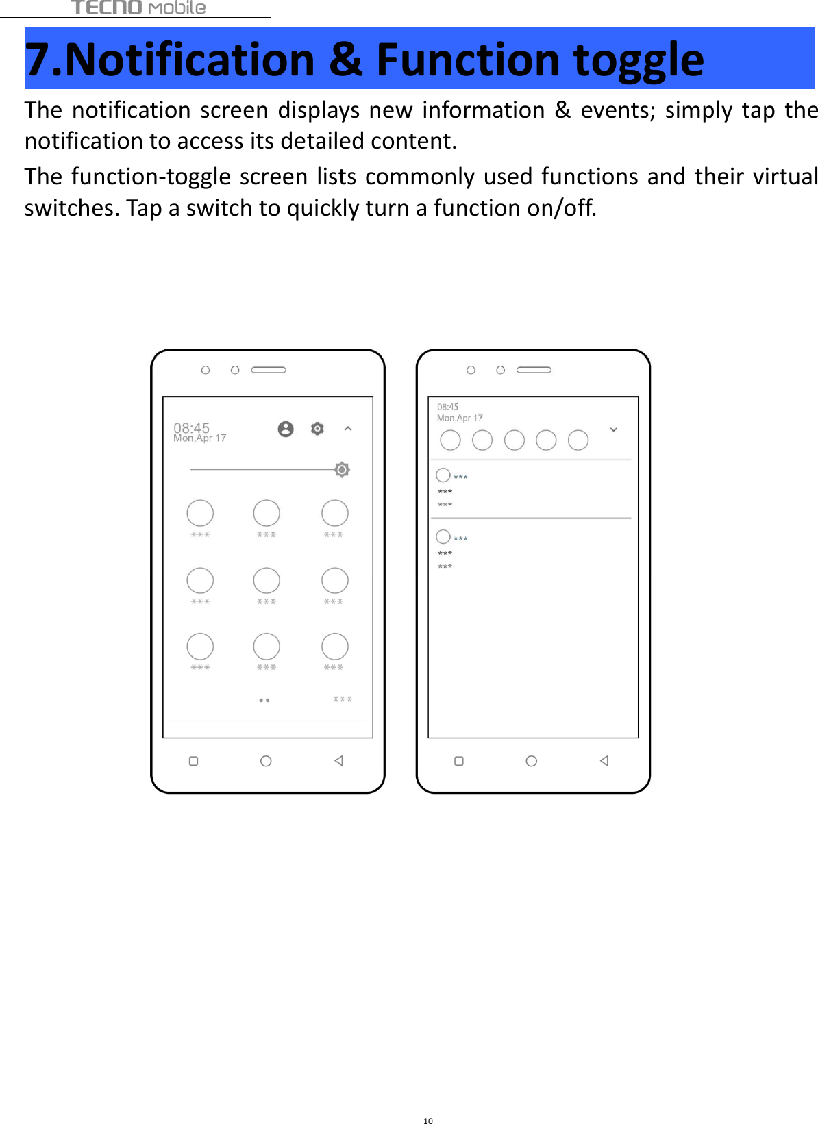 107.Notification &amp; Function toggleThe notification screen displays new information &amp; events; simply tap thenotification to access its detailed content.The function-toggle screen lists commonly used functions and their virtualswitches. Tap a switch to quickly turn a function on/off.