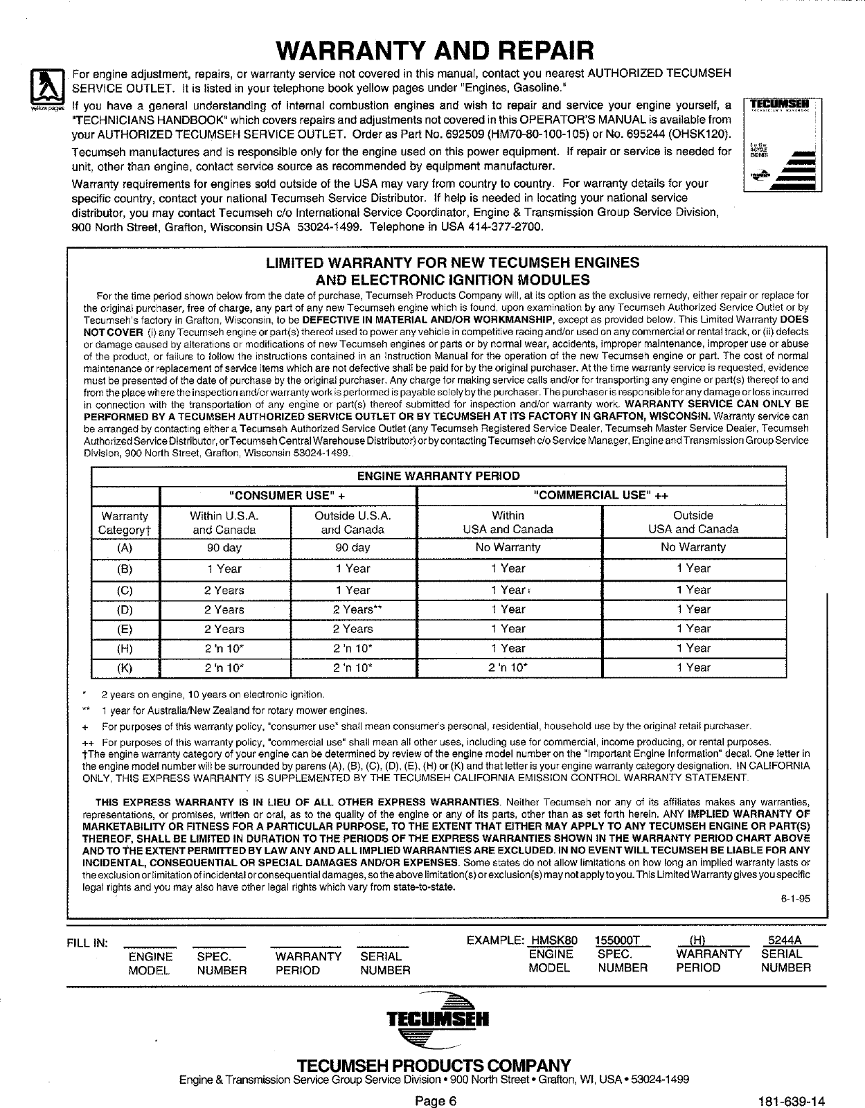 Page 6 of 8 - TECUMSEH  Engine Manual L0601265