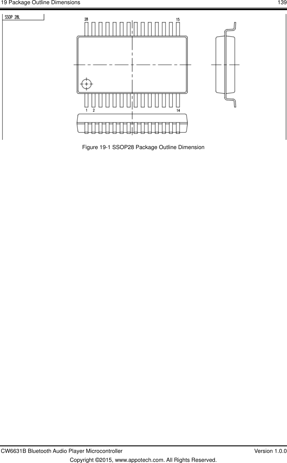 19 Package Outline Dimensions       139 CW6631B Bluetooth Audio Player Microcontroller    Version 1.0.0 Copyright ©2015, www.appotech.com. All Rights Reserved.  Figure 19-1 SSOP28 Package Outline Dimension   