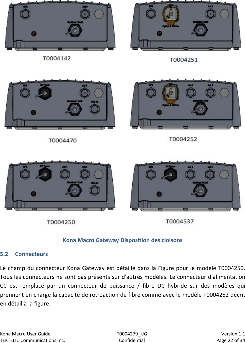 Kona Macro User Guide T0004279_UG                            Version 1.1 TEKTELIC Communications Inc. Confidential Page 22 of 34    Kona Macro Gateway Disposition des cloisons 5.2 Connecteurs Le champ du connecteur Kona Gateway est détaillé dans la Figure pour le modèle T0004250. Tous les connecteurs ne sont pas présents sur d&apos;autres modèles. Le connecteur d&apos;alimentation CC est remplacé par un connecteur de puissance / fibre DC hybride sur des modèles qui prennent en charge la capacité de rétroaction de fibre comme avec le modèle T0004252 décrit en détail à la figure. 