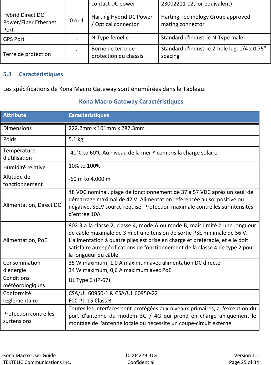 Kona Macro User Guide T0004279_UG                            Version 1.1 TEKTELIC Communications Inc. Confidential Page 25 of 34   contact DC power 23002211-02,  or equivalent) Hybrid Direct DC Power/Fiber Ethernet Port 0 or 1 Harting Hybrid DC Power / Optical connector Harting Technology Group approved mating connector GPS Port 1 N-Type femelle Standard d&apos;industrie N-Type male Terre de protection 1 Borne de terre de protection du châssis Standard d&apos;industrie 2-hole lug, 1/4 x 0.75” spacing 5.3 Caractéristiques Les spécifications de Kona Macro Gateway sont énumérées dans le Tableau. Kona Macro Gateway Caractéristiques Attribute Caractéristiques Dimensions 222.2mm x 101mm x 287.3mm Poids 5.1 kg Température d&apos;utilisation -40°C to 60°C Au niveau de la mer Y compris la charge solaire Humidité relative 10% to 100% Altitude de fonctionnement -60 m to 4,000 m Alimentation, Direct DC 48 VDC nominal, plage de fonctionnement de 37 à 57 VDC après un seuil de démarrage maximal de 42 V. Alimentation référencée au sol positive ou négative. SELV source requise. Protection maximale contre les surintensités d&apos;entrée 10A. Alimentation, PoE 802.3 à la classe 2, classe 4, mode A ou mode B, mais limité à une longueur de câble maximale de 3 m et une tension de sortie PSE minimale de 56 V. L&apos;alimentation à quatre piles est prise en charge et préférable, et elle doit satisfaire aux spécifications de fonctionnement de la classe 4 de type 2 pour la longueur du câble. Consommation d&apos;énergie 35 W maximum, 1,0 A maximum avec alimentation DC directe 34 W maximum, 0,6 A maximum avec PoE Conditions météorologiques UL Type 6 (IP-67) Conformité réglementaire CSA/UL 60950-1 &amp; CSA/UL 60950-22 FCC Pt. 15 Class B Protection contre les surtensions Toutes les interfaces sont protégées aux niveaux primaires, à l&apos;exception du port d&apos;antenne du modem 3G / 4G qui prend en charge uniquement le montage de l&apos;antenne locale ou nécessite un coupe-circuit externe. 