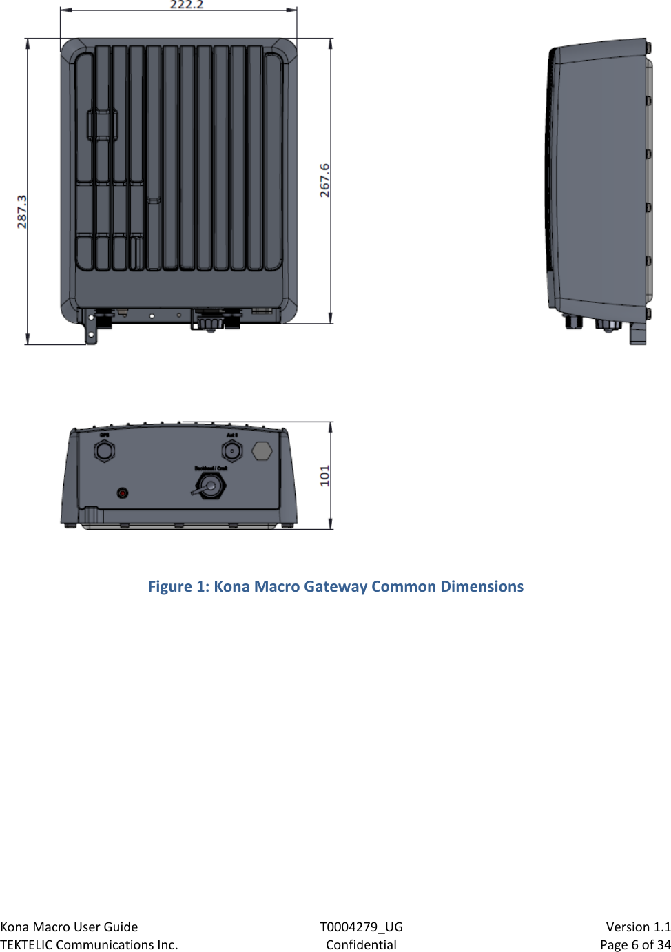 Kona Macro User Guide T0004279_UG                            Version 1.1 TEKTELIC Communications Inc. Confidential Page 6 of 34    Figure 1: Kona Macro Gateway Common Dimensions 