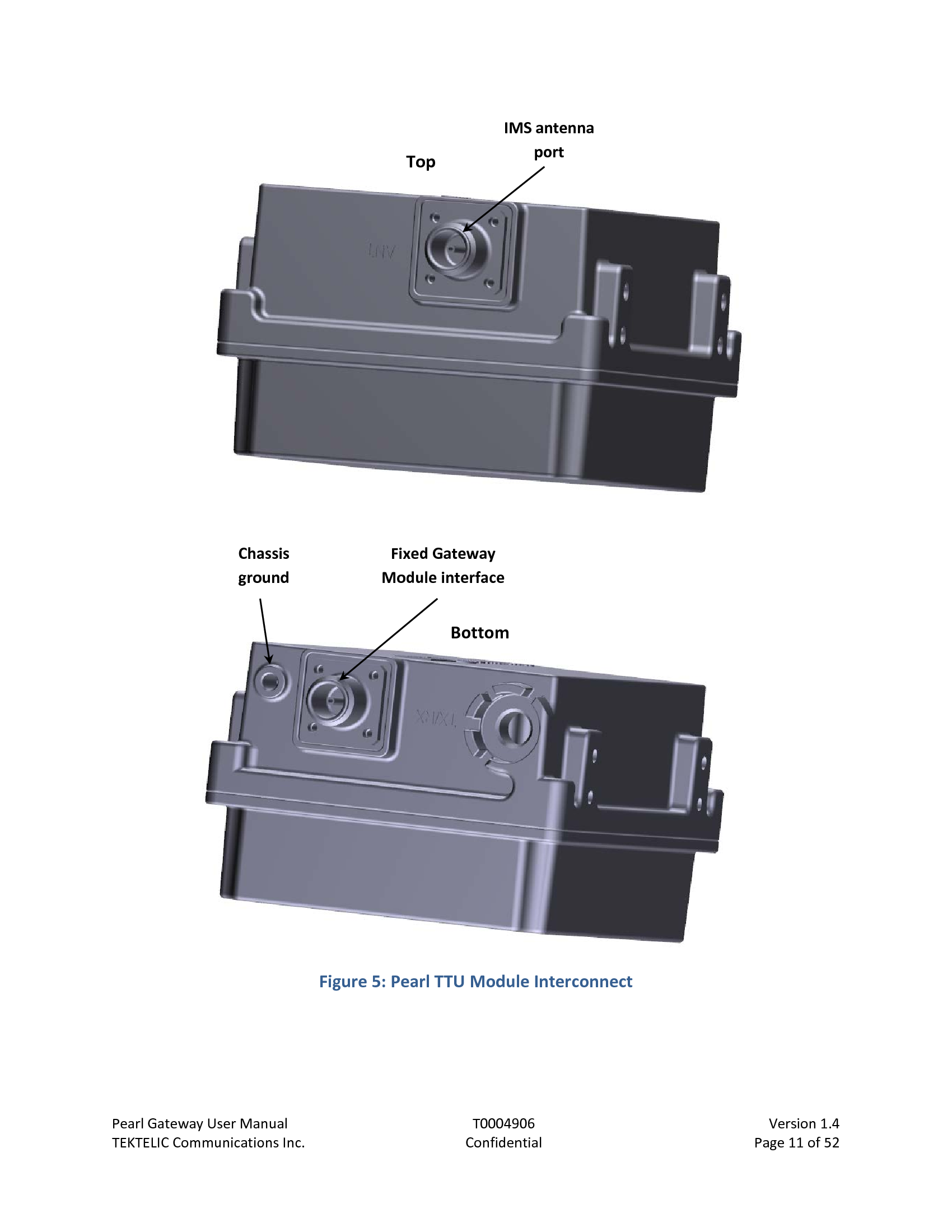 Pearl Gateway User Manual T0004906                            Version 1.4 TEKTELIC Communications Inc. Confidential Page 11 of 52    Figure 5: Pearl TTU Module Interconnect  Fixed Gateway Module interface Chassis ground IMS antenna port Top Bottom 