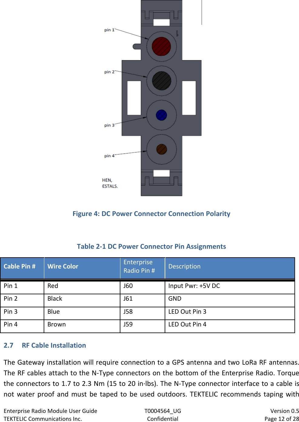 Enterprise Radio Module User Guide T0004564_UG                            Version 0.5 TEKTELIC Communications Inc. Confidential Page 12 of 28      Figure 4: DC Power Connector Connection Polarity  Table 2-1 DC Power Connector Pin Assignments Cable Pin # Wire Color Enterprise Radio Pin # Description Pin 1 Red J60 Input Pwr: +5V DC Pin 2 Black J61 GND Pin 3 Blue J58 LED Out Pin 3 Pin 4 Brown J59 LED Out Pin 4 2.7 RF Cable Installation The Gateway installation will require connection to a GPS antenna and two LoRa RF antennas. The RF cables attach to the N-Type connectors on the bottom of the Enterprise Radio. Torque the connectors to 1.7 to 2.3 Nm (15 to 20 in·lbs). The N-Type connector interface to a cable is not water proof and must be taped to be used outdoors. TEKTELIC recommends taping with 