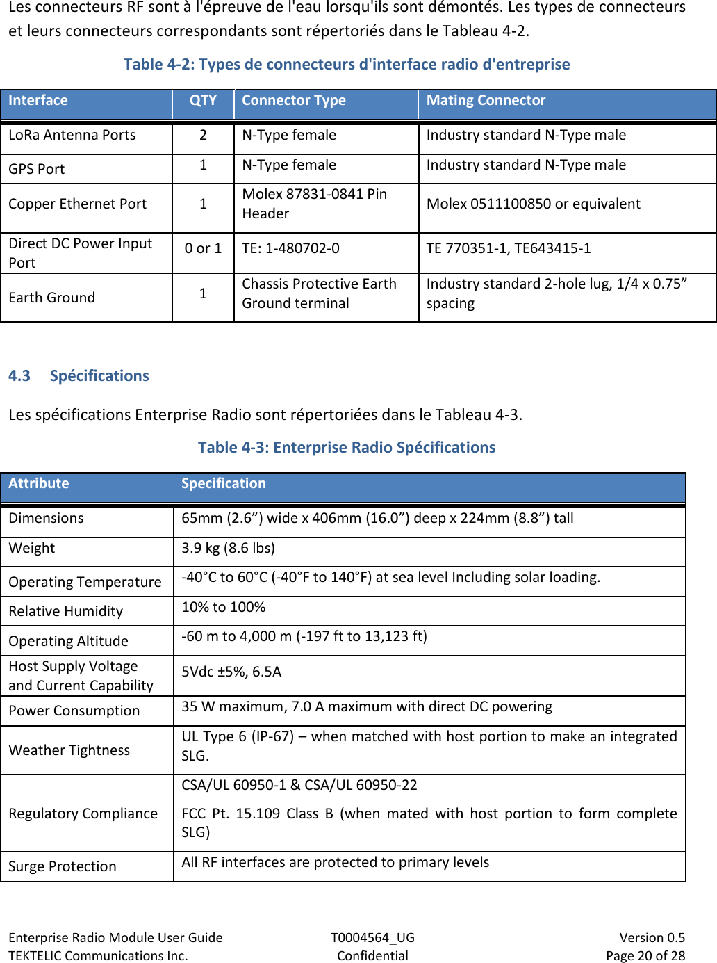 Enterprise Radio Module User Guide T0004564_UG                            Version 0.5 TEKTELIC Communications Inc. Confidential Page 20 of 28   Les connecteurs RF sont à l&apos;épreuve de l&apos;eau lorsqu&apos;ils sont démontés. Les types de connecteurs et leurs connecteurs correspondants sont répertoriés dans le Tableau 4-2. Table 4-2: Types de connecteurs d&apos;interface radio d&apos;entreprise Interface QTY Connector Type Mating Connector LoRa Antenna Ports 2 N-Type female Industry standard N-Type male GPS Port 1 N-Type female Industry standard N-Type male Copper Ethernet Port 1 Molex 87831-0841 Pin Header Molex 0511100850 or equivalent Direct DC Power Input Port 0 or 1 TE: 1-480702-0  TE 770351-1, TE643415-1 Earth Ground 1 Chassis Protective Earth Ground terminal Industry standard 2-hole lug, 1/4 x 0.75” spacing  4.3 Spécifications Les spécifications Enterprise Radio sont répertoriées dans le Tableau 4-3. Table 4-3: Enterprise Radio Spécifications  Attribute Specification Dimensions 65mm (2.6”) wide x 406mm (16.0”) deep x 224mm (8.8”) tall Weight 3.9 kg (8.6 lbs) Operating Temperature -40°C to 60°C (-40°F to 140°F) at sea level Including solar loading. Relative Humidity 10% to 100% Operating Altitude -60 m to 4,000 m (-197 ft to 13,123 ft) Host Supply Voltage and Current Capability 5Vdc ±5%, 6.5A  Power Consumption 35 W maximum, 7.0 A maximum with direct DC powering Weather Tightness UL Type 6 (IP-67) – when matched with host portion to make an integrated SLG. Regulatory Compliance CSA/UL 60950-1 &amp; CSA/UL 60950-22 FCC Pt. 15.109 Class B (when mated with host portion to form complete SLG)  Surge Protection All RF interfaces are protected to primary levels  