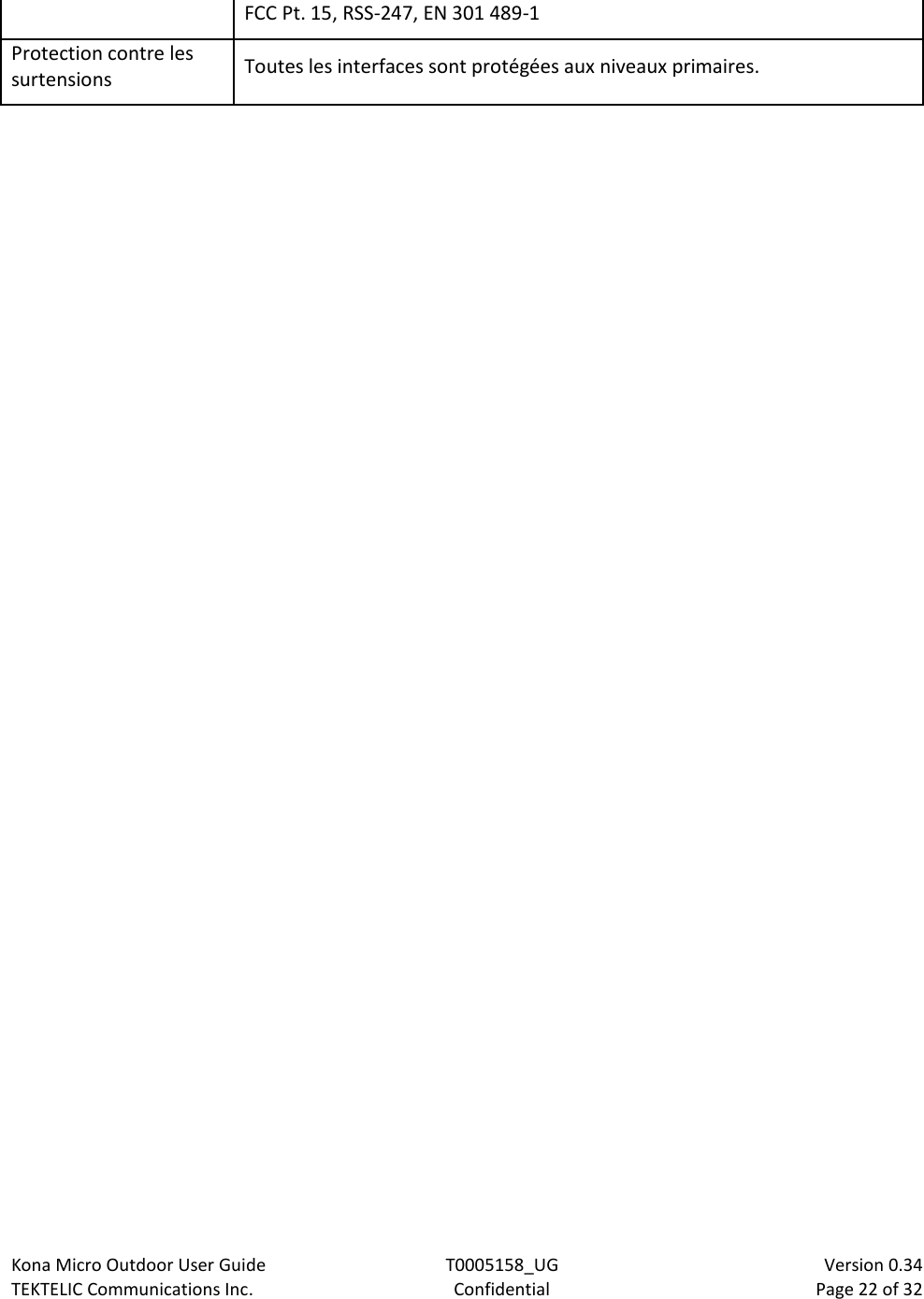 Kona Micro Outdoor User Guide T0005158_UG                            Version 0.34 TEKTELIC Communications Inc. Confidential Page 22 of 32   FCC Pt. 15, RSS-247, EN 301 489-1 Protection contre les surtensions Toutes les interfaces sont protégées aux niveaux primaires. 