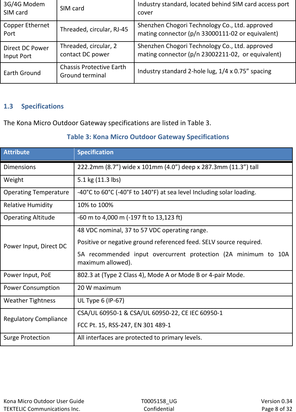 Kona Micro Outdoor User Guide T0005158_UG                            Version 0.34 TEKTELIC Communications Inc. Confidential Page 8 of 32   3G/4G Modem SIM card SIM card Industry standard, located behind SIM card access port cover Copper Ethernet Port Threaded, circular, RJ-45 Shenzhen Chogori Technology Co., Ltd. approved mating connector (p/n 33000111-02 or equivalent) Direct DC Power Input Port Threaded, circular, 2 contact DC power Shenzhen Chogori Technology Co., Ltd. approved mating connector (p/n 23002211-02,  or equivalent) Earth Ground Chassis Protective Earth Ground terminal Industry standard 2-hole lug, 1/4 x 0.75” spacing  1.3 Specifications The Kona Micro Outdoor Gateway specifications are listed in Table 3.    Table 3: Kona Micro Outdoor Gateway Specifications  Attribute Specification Dimensions 222.2mm (8.7”) wide x 101mm (4.0”) deep x 287.3mm (11.3”) tall Weight 5.1 kg (11.3 lbs) Operating Temperature -40°C to 60°C (-40°F to 140°F) at sea level Including solar loading. Relative Humidity 10% to 100% Operating Altitude -60 m to 4,000 m (-197 ft to 13,123 ft) Power Input, Direct DC 48 VDC nominal, 37 to 57 VDC operating range. Positive or negative ground referenced feed. SELV source required. 5A recommended input overcurrent protection (2A minimum to 10A maximum allowed). Power Input, PoE 802.3 at (Type 2 Class 4), Mode A or Mode B or 4-pair Mode. Power Consumption 20 W maximum Weather Tightness UL Type 6 (IP-67) Regulatory Compliance CSA/UL 60950-1 &amp; CSA/UL 60950-22, CE IEC 60950-1 FCC Pt. 15, RSS-247, EN 301 489-1 Surge Protection All interfaces are protected to primary levels. 