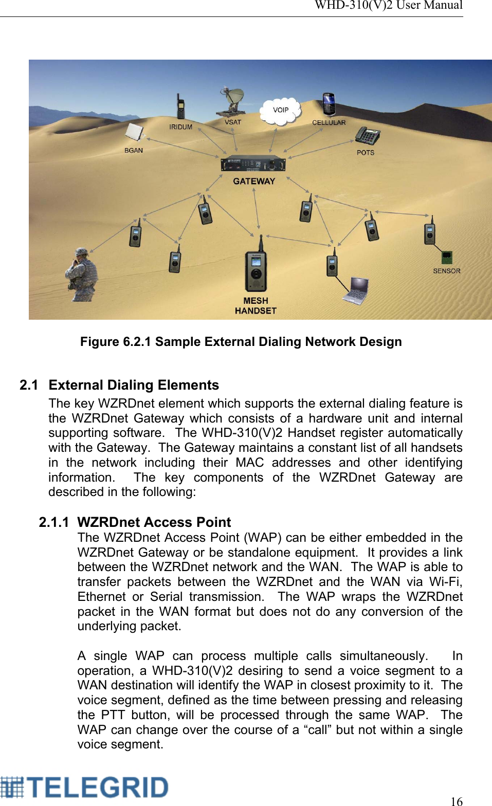 WHD-310(V)2 User Manual     16     Figure 6.2.1 Sample External Dialing Network Design  2.1 External Dialing Elements The key WZRDnet element which supports the external dialing feature is the WZRDnet Gateway which consists of a hardware unit and internal supporting software.  The WHD-310(V)2 Handset register automatically with the Gateway.  The Gateway maintains a constant list of all handsets in the network including their MAC addresses and other identifying information.  The key components of the WZRDnet Gateway are described in the following:  2.1.1 WZRDnet Access Point The WZRDnet Access Point (WAP) can be either embedded in the WZRDnet Gateway or be standalone equipment.  It provides a link between the WZRDnet network and the WAN.  The WAP is able to transfer packets between the WZRDnet and the WAN via Wi-Fi, Ethernet or Serial transmission.  The WAP wraps the WZRDnet packet in the WAN format but does not do any conversion of the underlying packet.  A single WAP can process multiple calls simultaneously.   In operation, a WHD-310(V)2 desiring to send a voice segment to a WAN destination will identify the WAP in closest proximity to it.  The voice segment, defined as the time between pressing and releasing the PTT button, will be processed through the same WAP.  The WAP can change over the course of a “call” but not within a single voice segment.   