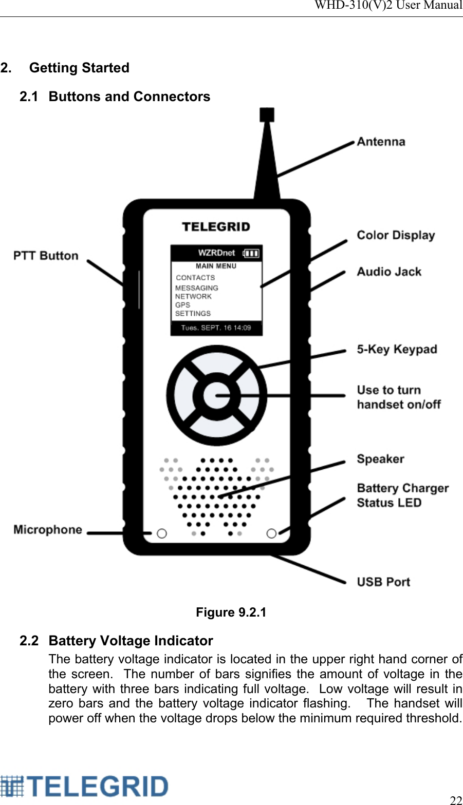 WHD-310(V)2 User Manual     22   2. Getting Started 2.1 Buttons and Connectors   Figure 9.2.1 2.2  Battery Voltage Indicator The battery voltage indicator is located in the upper right hand corner of the screen.  The number of bars signifies the amount of voltage in the battery with three bars indicating full voltage.  Low voltage will result in zero bars and the battery voltage indicator flashing.   The handset will power off when the voltage drops below the minimum required threshold. 