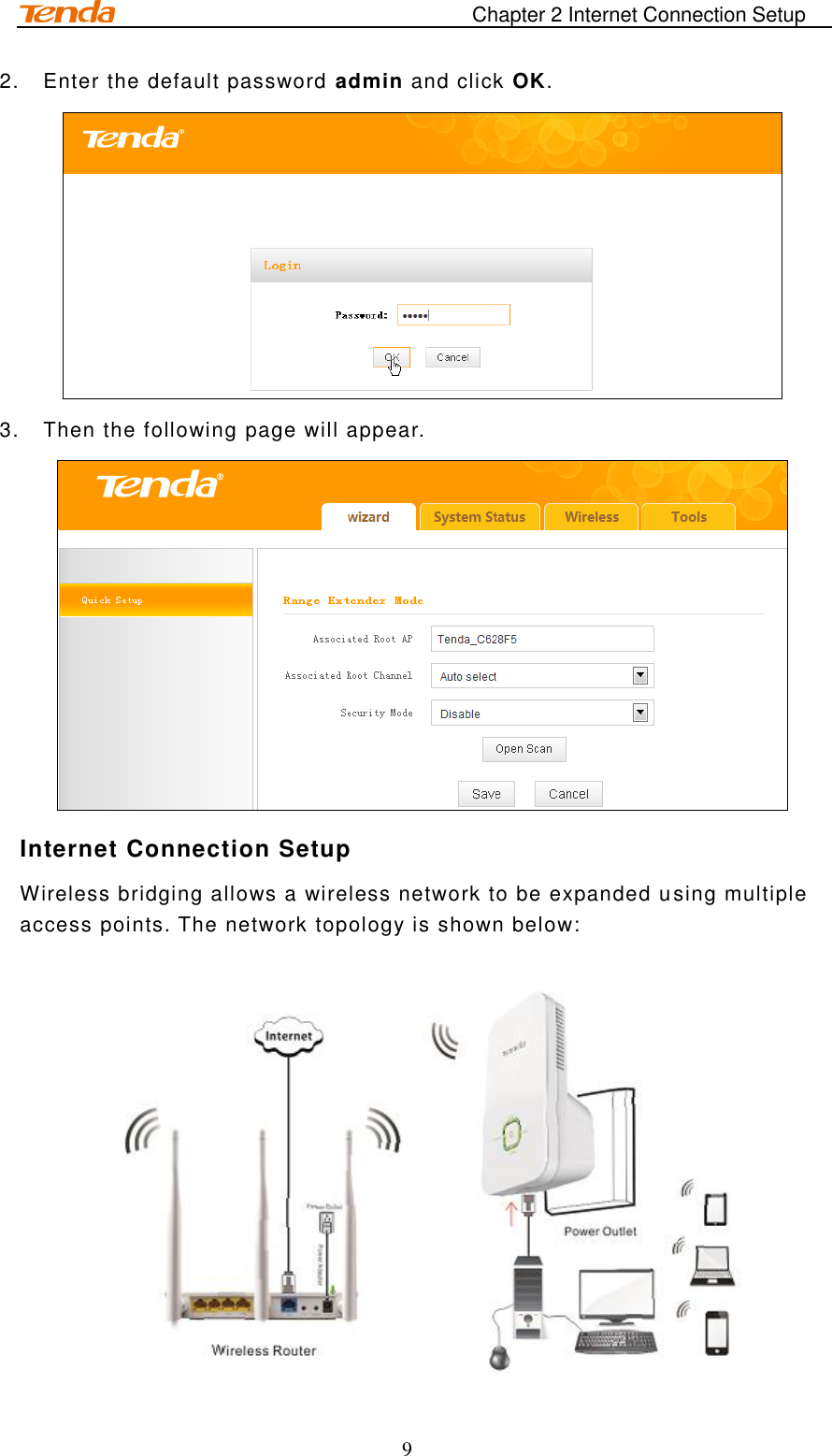                                                                       Chapter 2 Internet Connection Setup 9 2.  Enter the default password admin and click OK.  3.  Then the following page will appear.  Internet Connection Setup Wireless bridging allows a wireless network to be expanded using multiple access points. The network topology is shown below:    