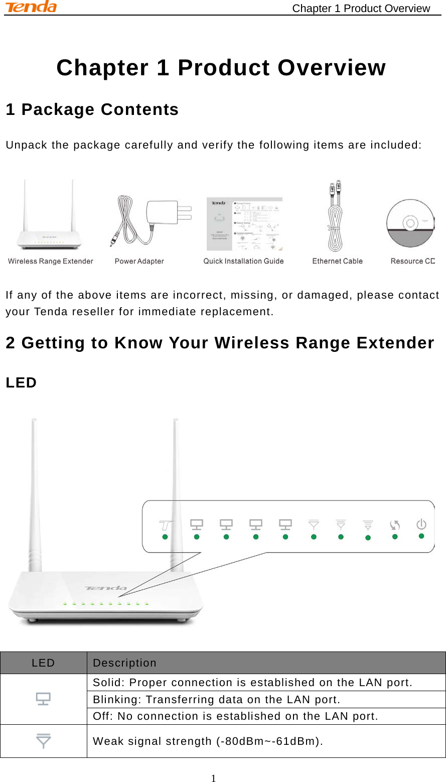                                            Chapter 1 Product Overview 1 Chapter 1 Product Overview 1 Package Contents Unpack the package carefully and verify the following items are included:    If any of the above items are incorrect, missing, or damaged, please contact your Tenda reseller for immediate replacement. 2 Getting to Know Your Wireless Range Extender LED   LED Description  Solid: Proper connection is established on the LAN port. Blinking: Transferring data on the LAN port. Off: No connection is established on the LAN port.  Weak signal strength (-80dBm~-61dBm). 