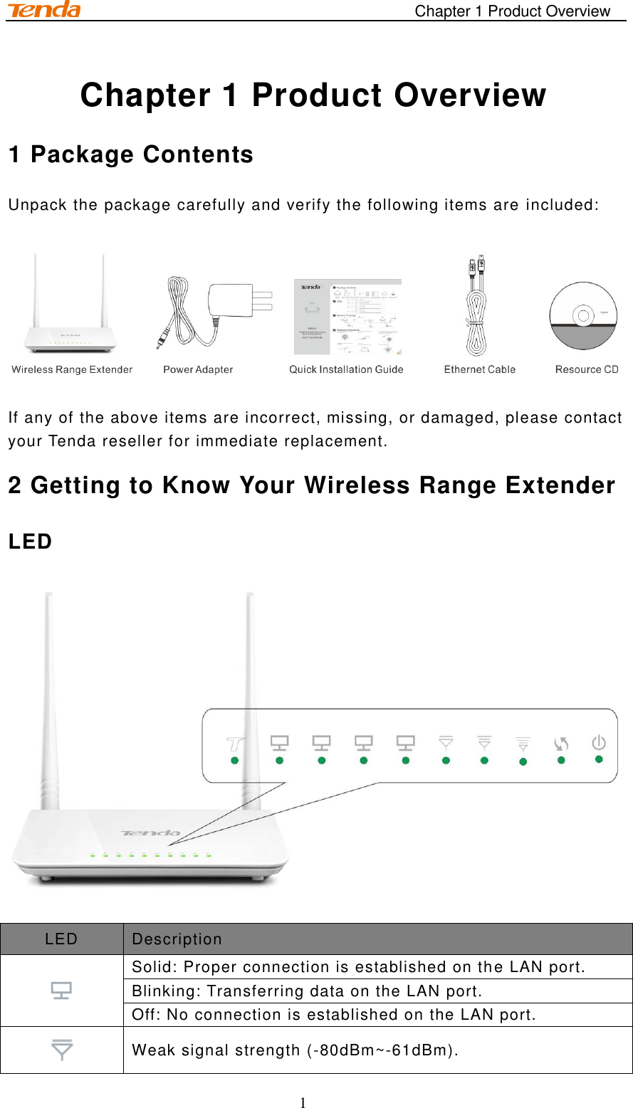                                                                                       Chapter 1 Product Overview 1 Chapter 1 Product Overview 1 Package Contents Unpack the package carefully and verify the following items are included:    If any of the above items are incorrect, missing, or damaged, please contact your Tenda reseller for immediate replacement. 2 Getting to Know Your Wireless Range Extender LED   LED Description  Solid: Proper connection is established on the LAN port. Blinking: Transferring data on the LAN port.  Off: No connection is established on the LAN port.   Weak signal strength (-80dBm~-61dBm). 