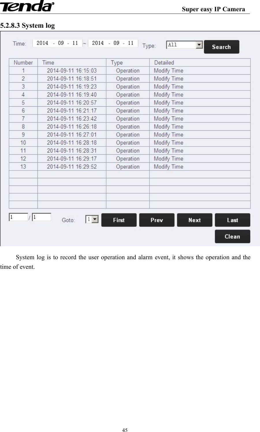 Super easy IP Camera455.2.8.3 System logSystem log is to record the user operation and alarm event, it shows the operation and thetime of event.