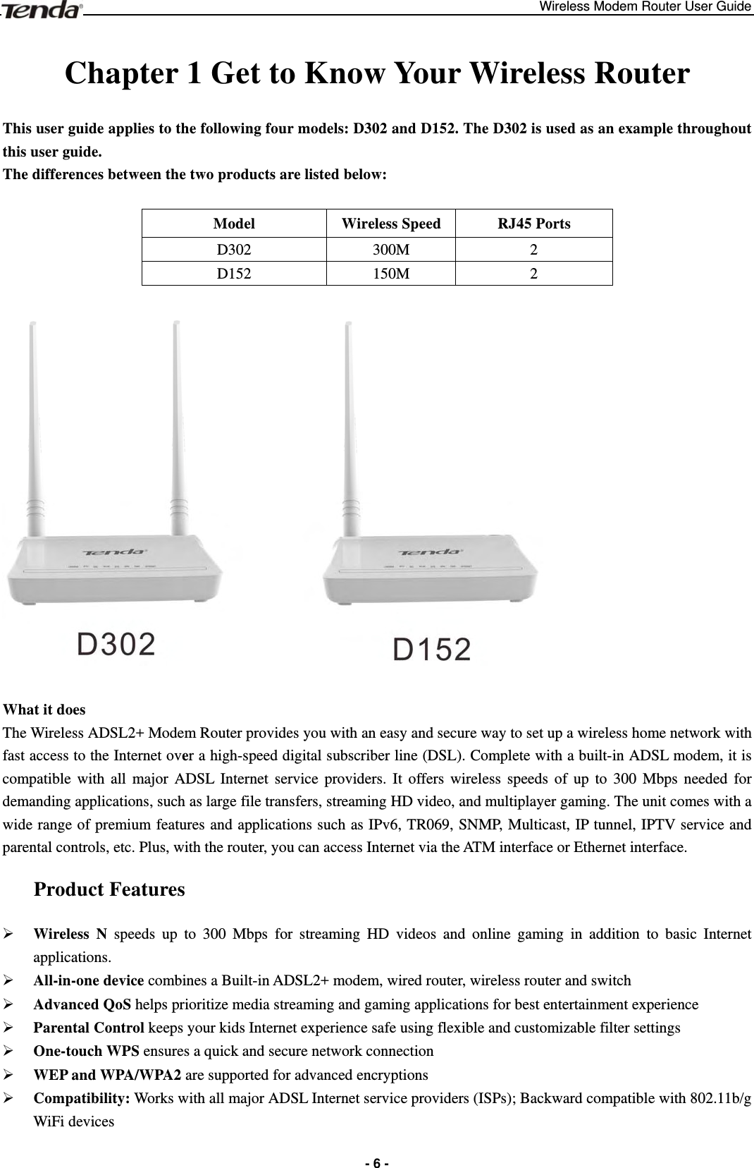 Wireless Modem Router User Guide  -6 - Chapter 1 Get to Know Your Wireless Router   This user guide applies to the following four models: D302 and D152. The D302 is used as an example throughout this user guide.   The differences between the two products are listed below:  Model  Wireless Speed  RJ45 Ports D302 300M 2 D152 150M 2    What it does The Wireless ADSL2+ Modem Router provides you with an easy and secure way to set up a wireless home network with fast access to the Internet over a high-speed digital subscriber line (DSL). Complete with a built-in ADSL modem, it is compatible with all major ADSL Internet service providers. It offers wireless speeds of up to 300 Mbps needed for demanding applications, such as large file transfers, streaming HD video, and multiplayer gaming. The unit comes with a wide range of premium features and applications such as IPv6, TR069, SNMP, Multicast, IP tunnel, IPTV service and parental controls, etc. Plus, with the router, you can access Internet via the ATM interface or Ethernet interface. Product Features ¾ Wireless N speeds up to 300 Mbps for streaming HD videos and online gaming in addition to basic Internet       applications.  ¾ All-in-one device combines a Built-in ADSL2+ modem, wired router, wireless router and switch ¾ Advanced QoS helps prioritize media streaming and gaming applications for best entertainment experience ¾ Parental Control keeps your kids Internet experience safe using flexible and customizable filter settings ¾ One-touch WPS ensures a quick and secure network connection   ¾ WEP and WPA/WPA2 are supported for advanced encryptions ¾ Compatibility: Works with all major ADSL Internet service providers (ISPs); Backward compatible with 802.11b/g WiFi devices 