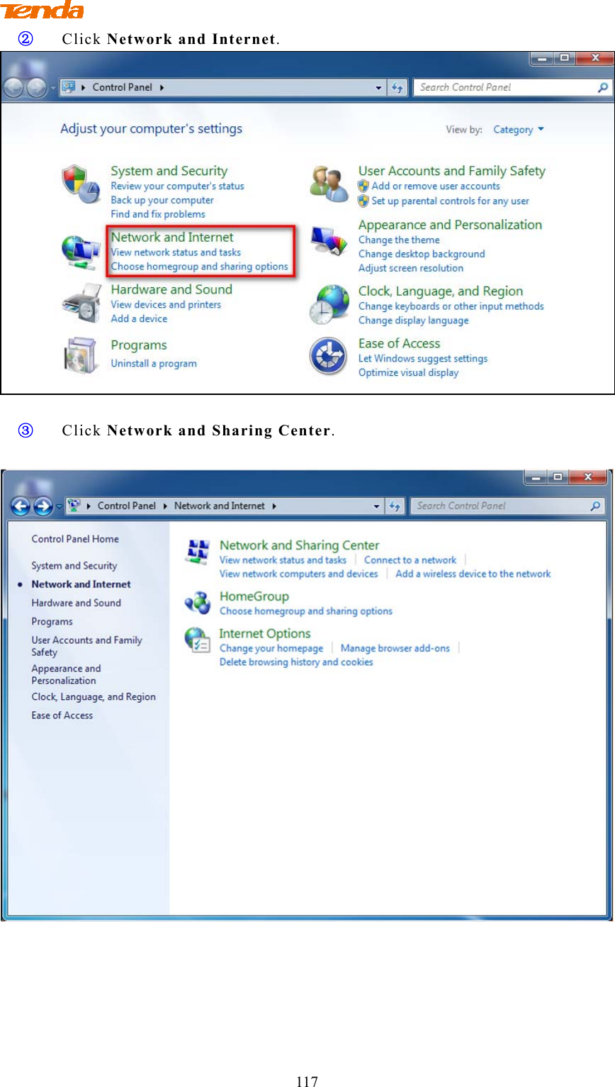                                 117 ② Click Network and Internet.   ③ Click Network and Sharing Center.   