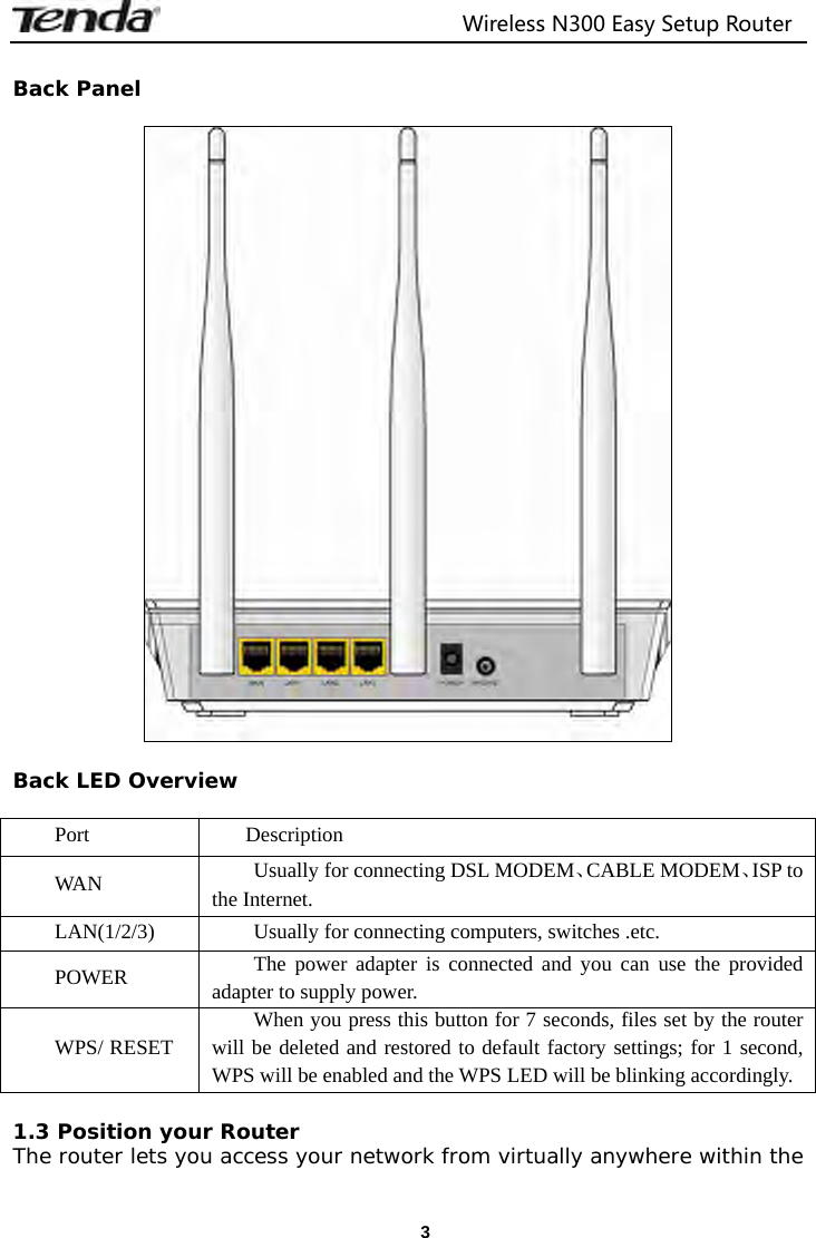                                  Wireless N300 Easy Setup Router  3 Back Panel    Back LED Overview  Port  Description WA N  Usually for connecting DSL MODEM、CABLE MODEM、ISP to the Internet. LAN(1/2/3) Usually for connecting computers, switches .etc. POWER  The power adapter is connected and you can use the provided adapter to supply power. WPS/ RESET When you press this button for 7 seconds, files set by the router will be deleted and restored to default factory settings; for 1 second, WPS will be enabled and the WPS LED will be blinking accordingly.  1.3 Position your Router The router lets you access your network from virtually anywhere within the 