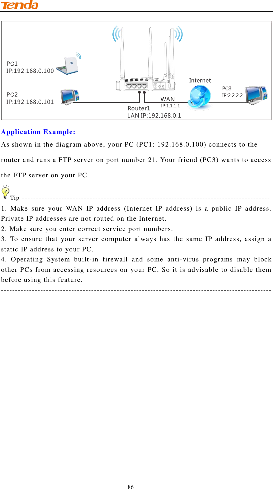                                    86  Application Example: As shown in the diagram above, your PC (PC1: 192.168.0.100) connects to the router and runs a FTP server on port number 21. Your friend (PC3) wants to access the FTP server on your PC. Tip ---------------------------------------------------------------------------------------- 1.  Make  sure  your  WAN  IP  address  (Internet  IP  address)  is  a  public  IP  address. Private IP addresses are not routed on the Internet. 2. Make sure you enter correct service port numbers. 3.  To  ensure  that  your  server  computer  always  has  the  same  IP  address,  assign  a  static IP address to your PC. 4.  Operating  System  built-in  firewall  and  some  anti-virus  programs  may  block other PCs from accessing resources on your PC. So it is advisable to disable them before using this feature. ------------------------------------------------------------------------------------------------  
