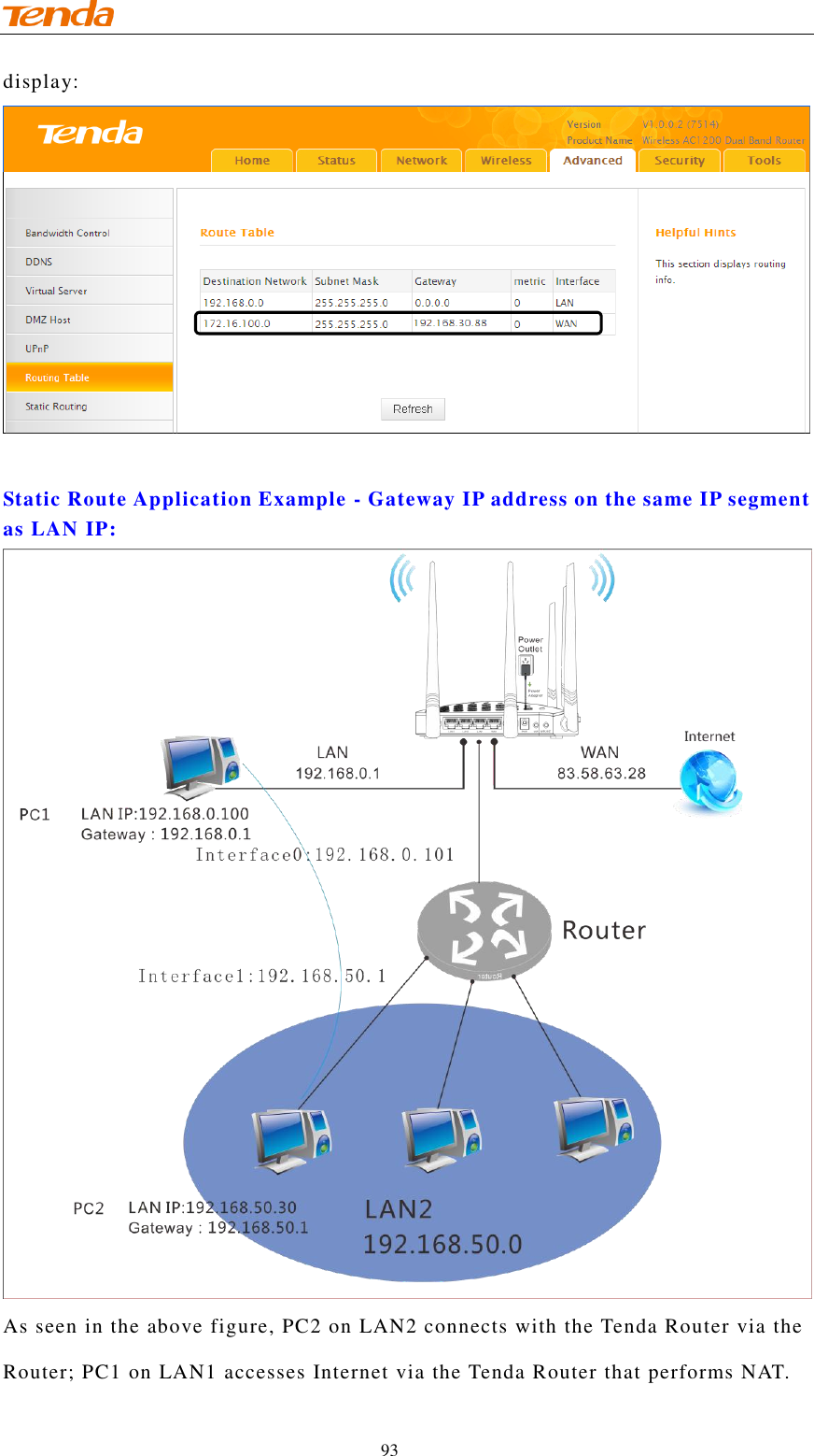                                    93 display:  Static Route Application Example - Gateway IP address on the same IP segment as LAN IP:  As seen in the above figure, PC2 on LAN2 connects with the Tenda Router via the Router; PC1 on LAN1 accesses Internet via the Tenda Router that performs NAT. 