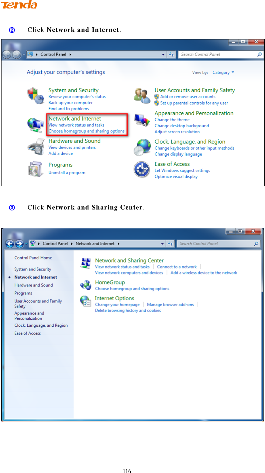                                    116 ② Click Network and Internet.   ③ Click Network and Sharing Center.   
