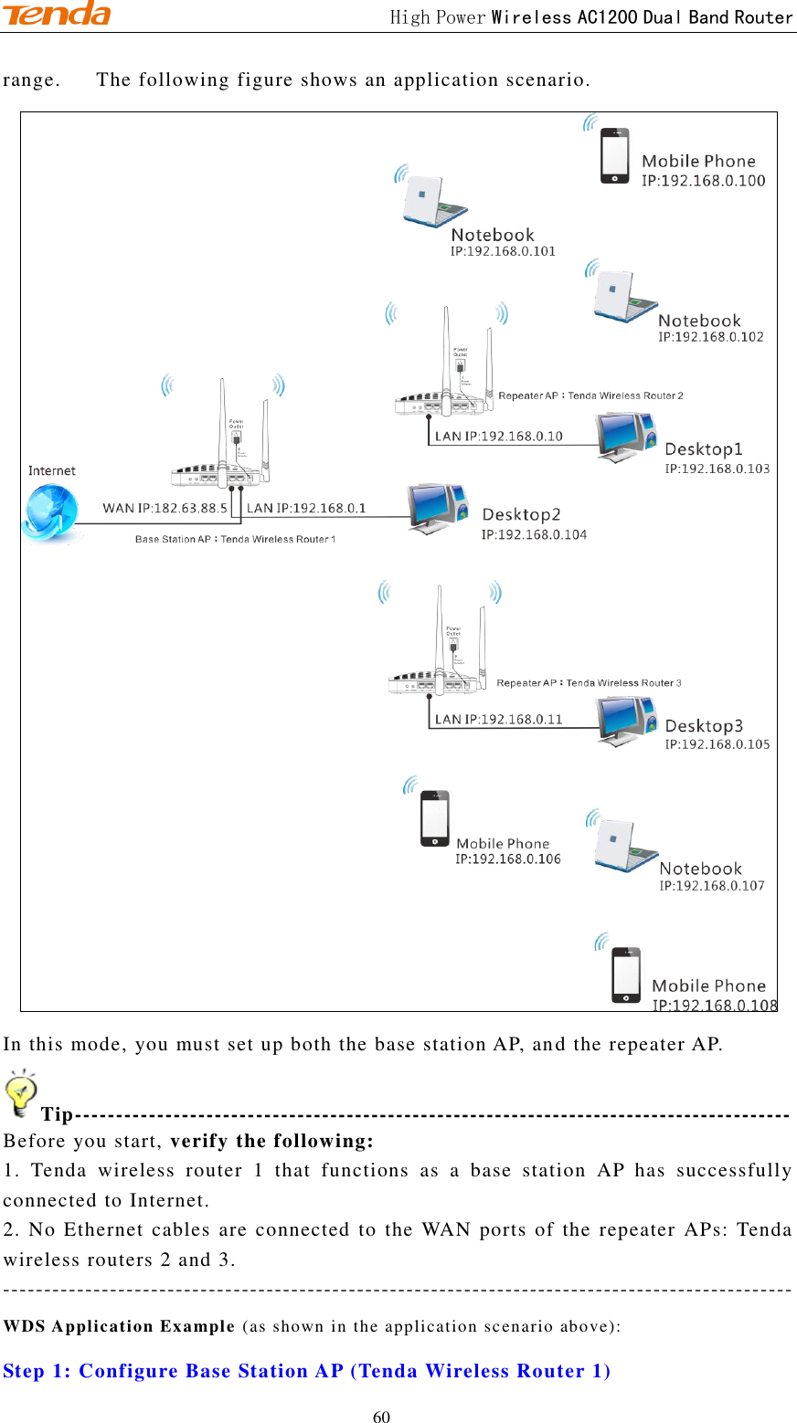                                             High Power Wireless AC1200 Dual Band Router 60 range.      The following figure shows an application scenario.  In this mode, you must set up both the base station AP, and the repeater AP. Tip--------------------------------------------------------------------------------------- Before you start, verify the following: 1.  Tenda  wireless  router  1  that  functions  as  a  base  station  AP  has  successfully connected to Internet. 2. No Ethernet cables are connected to the WAN  ports  of the  repeater APs: Tenda wireless routers 2 and 3. ------------------------------------------------------------------------------------------------ WDS Application Example (as shown in the application scenario above): Step 1: Configure Base Station AP (Tenda Wireless Router 1) 