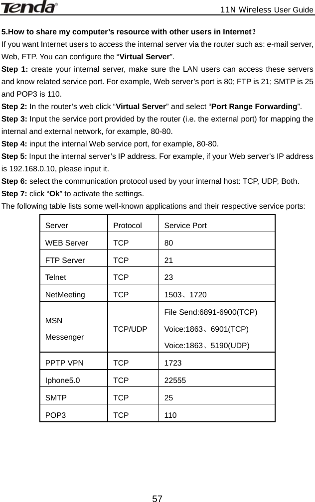              11N Wireless User Guide  575.How to share my computer’s resource with other users in Internet？ If you want Internet users to access the internal server via the router such as: e-mail server, Web, FTP. You can configure the “Virtual Server”. Step 1: create your internal server, make sure the LAN users can access these servers and know related service port. For example, Web server’s port is 80; FTP is 21; SMTP is 25 and POP3 is 110. Step 2: In the router’s web click “Virtual Server” and select “Port Range Forwarding”. Step 3: Input the service port provided by the router (i.e. the external port) for mapping the internal and external network, for example, 80-80. Step 4: input the internal Web service port, for example, 80-80. Step 5: Input the internal server’s IP address. For example, if your Web server’s IP address is 192.168.0.10, please input it. Step 6: select the communication protocol used by your internal host: TCP, UDP, Both. Step 7: click “Ok” to activate the settings. The following table lists some well-known applications and their respective service ports:   Server Protocol Service Port WEB Server  TCP  80 FTP Server  TCP  21 Telnet TCP 23 NetMeeting TCP  1503、1720 MSN Messenger  TCP/UDP File Send:6891-6900(TCP) Voice:1863、6901(TCP) Voice:1863、5190(UDP) PPTP VPN  TCP  1723 Iphone5.0 TCP  22555 SMTP TCP 25 POP3 TCP 110    