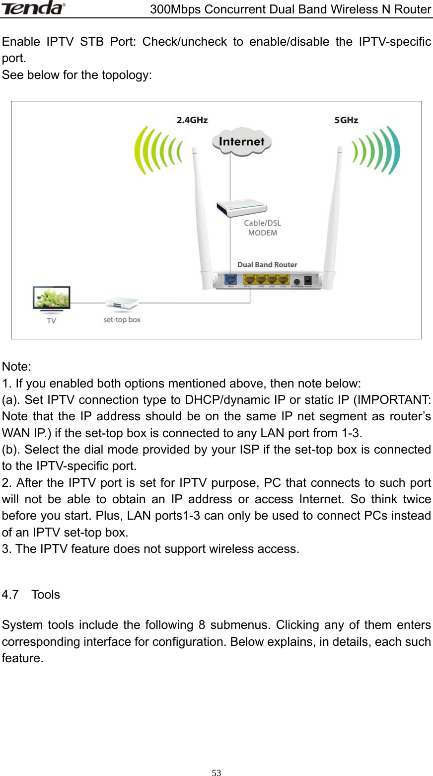                       300Mbps Concurrent Dual Band Wireless N Router  53Enable IPTV STB Port: Check/uncheck to enable/disable the IPTV-specific port. See below for the topology:    Note: 1. If you enabled both options mentioned above, then note below:   (a). Set IPTV connection type to DHCP/dynamic IP or static IP (IMPORTANT: Note that the IP address should be on the same IP net segment as router’s WAN IP.) if the set-top box is connected to any LAN port from 1-3. (b). Select the dial mode provided by your ISP if the set-top box is connected to the IPTV-specific port.     2. After the IPTV port is set for IPTV purpose, PC that connects to such port will not be able to obtain an IP address or access Internet. So think twice before you start. Plus, LAN ports1-3 can only be used to connect PCs instead of an IPTV set-top box. 3. The IPTV feature does not support wireless access.    4.7  Tools System tools include the following 8 submenus. Clicking any of them enters corresponding interface for configuration. Below explains, in details, each such feature. 
