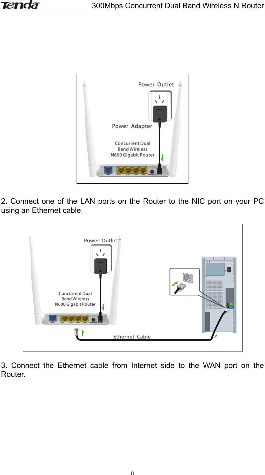                       300Mbps Concurrent Dual Band Wireless N Router  8       2. Connect one of the LAN ports on the Router to the NIC port on your PC using an Ethernet cable.    3. Connect the Ethernet cable from Internet side to the WAN port on the Router.  