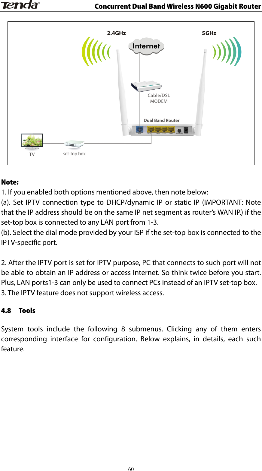                      Concurrent Dual Band Wireless N600 Gigabit Router   Note: 1. If you enabled both options mentioned above, then note below:   (a). Set IPTV connection type to DHCP/dynamic IP or static IP (IMPORTANT: Note that the IP address should be on the same IP net segment as router’s WAN IP.) if the set-top box is connected to any LAN port from 1-3. (b). Select the dial mode provided by your ISP if the set-top box is connected to the IPTV-specific port.    2. After the IPTV port is set for IPTV purpose, PC that connects to such port will not be able to obtain an IP address or access Internet. So think twice before you start. Plus, LAN ports1-3 can only be used to connect PCs instead of an IPTV set-top box. 3. The IPTV feature does not support wireless access.   4.8  Tools System tools include the following 8 submenus. Clicking any of them enters corresponding interface for configuration. Below explains, in details, each such feature.           60
