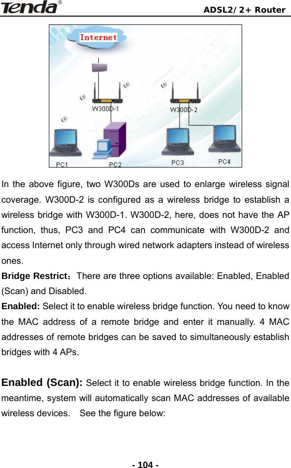                                ADSL2/2+ Router  - 104 - In the above figure, two W300Ds are used to enlarge wireless signal coverage. W300D-2 is configured as a wireless bridge to establish a wireless bridge with W300D-1. W300D-2, here, does not have the AP function, thus, PC3 and PC4 can communicate with W300D-2 and access Internet only through wired network adapters instead of wireless ones. Bridge Restrict：There are three options available: Enabled, Enabled (Scan) and Disabled. Enabled: Select it to enable wireless bridge function. You need to know the MAC address of a remote bridge and enter it manually. 4 MAC addresses of remote bridges can be saved to simultaneously establish bridges with 4 APs.  Enabled (Scan): Select it to enable wireless bridge function. In the meantime, system will automatically scan MAC addresses of available wireless devices.    See the figure below: 