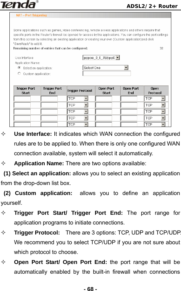                                ADSL2/2+ Router  - 68 -  Use Interface: It indicates which WAN connection the configured rules are to be applied to. When there is only one configured WAN connection available, system will select it automatically.  Application Name: There are two options available:  (1) Select an application: allows you to select an existing application from the drop-down list box.    (2) Custom application:   allows you to define an application yourself.   Trigger Port Start/ Trigger Port End: The port range for application programs to initiate connections.  Trigger Protocol:    There are 3 options: TCP, UDP and TCP/UDP. We recommend you to select TCP/UDP if you are not sure about which protocol to choose.  Open Port Start/ Open Port End: the port range that will be automatically enabled by the built-in firewall when connections 
