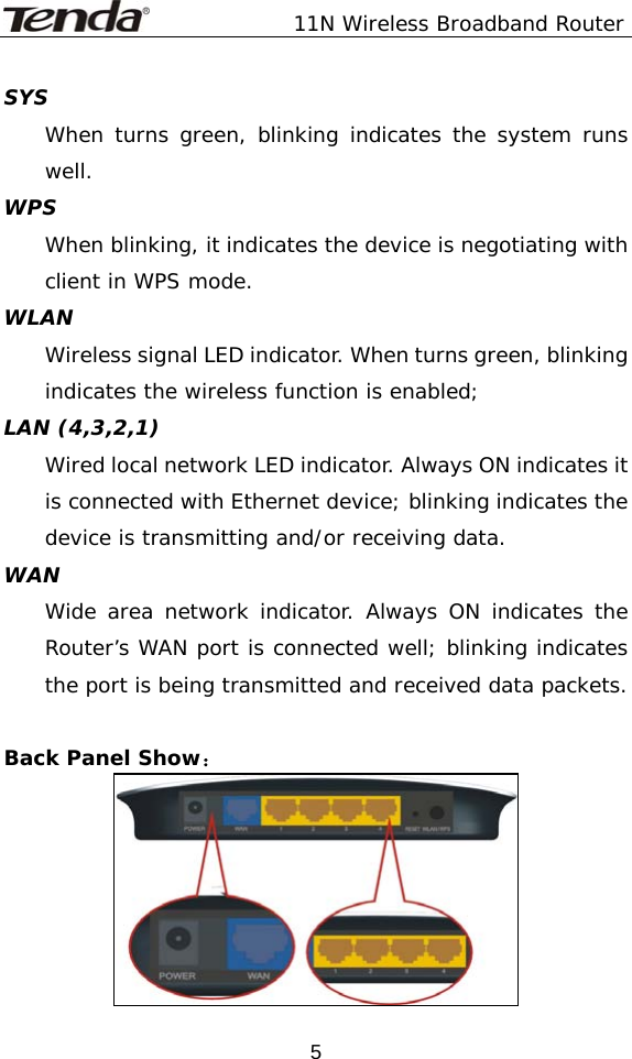               11N Wireless Broadband Router  5SYS When turns green, blinking indicates the system runs well. WPS When blinking, it indicates the device is negotiating with client in WPS mode. WLAN Wireless signal LED indicator. When turns green, blinking indicates the wireless function is enabled; LAN (4,3,2,1) Wired local network LED indicator. Always ON indicates it is connected with Ethernet device; blinking indicates the device is transmitting and/or receiving data. WAN Wide area network indicator. Always ON indicates the Router’s WAN port is connected well; blinking indicates the port is being transmitted and received data packets.  Back Panel Show：  