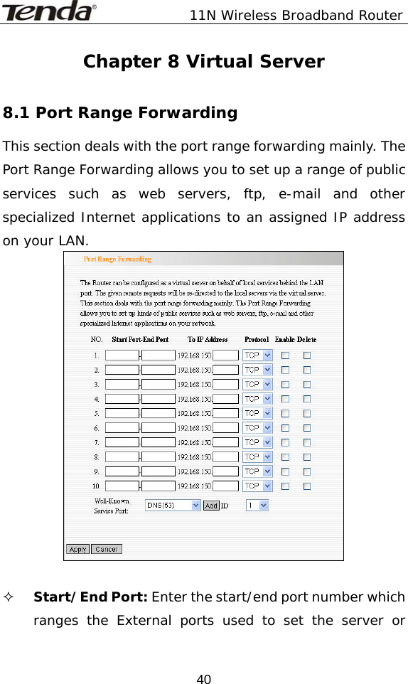               11N Wireless Broadband Router  40Chapter 8 Virtual Server  8.1 Port Range Forwarding This section deals with the port range forwarding mainly. The Port Range Forwarding allows you to set up a range of public services such as web servers, ftp, e-mail and other specialized Internet applications to an assigned IP address on your LAN.    Start/End Port: Enter the start/end port number which ranges the External ports used to set the server or 