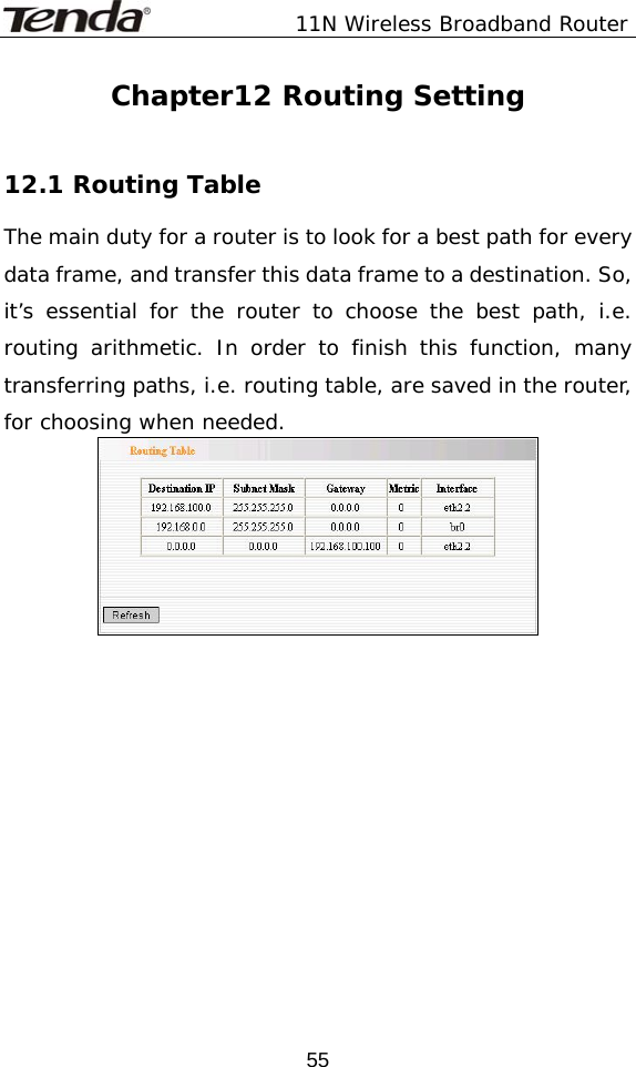               11N Wireless Broadband Router  55Chapter12 Routing Setting  12.1 Routing Table The main duty for a router is to look for a best path for every data frame, and transfer this data frame to a destination. So, it’s essential for the router to choose the best path, i.e. routing arithmetic. In order to finish this function, many transferring paths, i.e. routing table, are saved in the router, for choosing when needed.     