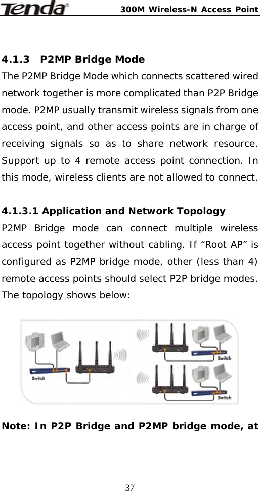 300M Wireless-N Access Point  37 4.1.3  P2MP Bridge Mode The P2MP Bridge Mode which connects scattered wired network together is more complicated than P2P Bridge mode. P2MP usually transmit wireless signals from one access point, and other access points are in charge of receiving signals so as to share network resource. Support up to 4 remote access point connection. In this mode, wireless clients are not allowed to connect.  4.1.3.1 Application and Network Topology P2MP Bridge mode can connect multiple wireless access point together without cabling. If “Root AP” is configured as P2MP bridge mode, other (less than 4) remote access points should select P2P bridge modes. The topology shows below:    Note: In P2P Bridge and P2MP bridge mode, at 