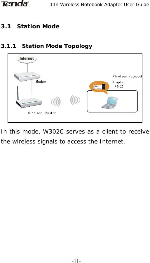  11n Wireless Notebook Adapter User Guide   -11-3.1  Station Mode   3.1.1  Station Mode Topology  In this mode, W302C serves as a client to receive the wireless signals to access the Internet.       