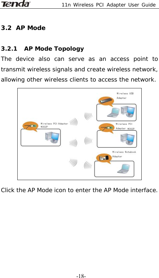 11n Wireless PCI Adapter User Guide   -18-3.2 AP Mode   3.2.1 AP Mode Topology  The device also can serve as an access point to transmit wireless signals and create wireless network, allowing other wireless clients to access the network.  Click the AP Mode icon to enter the AP Mode interface.      