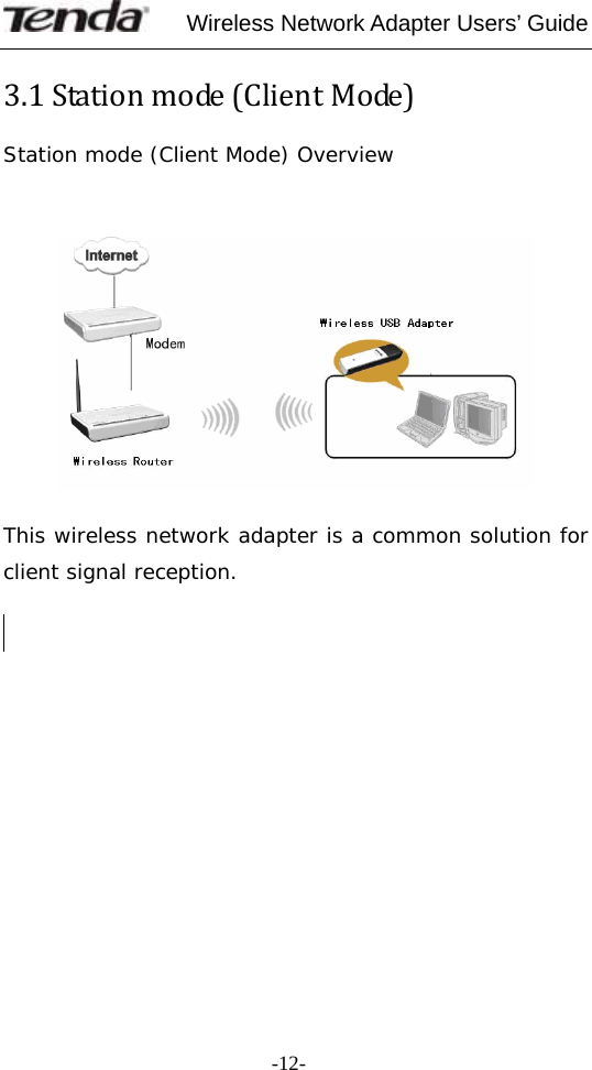     Wireless Network Adapter Users’ Guide  -12-3.1Stationmode(ClientMode)Station mode (Client Mode) Overview      This wireless network adapter is a common solution for client signal reception. 