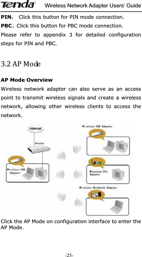 Wireless Network Adapter Users’ Guide-25-PIN˖  Click this button for PIN mode connection. PBC澲Click this button for PBC mode connection.Please refer to appendix 3 for detailed configuration steps for PIN and PBC͵ǤʹAP Mode Overview   Wireless network adapter can also serve as an access point to transmit wireless signals and create a wireless network, allowing other wireless clients to access the network.Click the AP Mode on configuration interface to enter the AP Mode. 