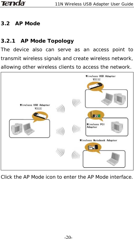  11N Wireless USB Adapter User Guide   -20-3.2  AP Mode   3.2.1  AP Mode Topology  The device also can serve as an access point to transmit wireless signals and create wireless network, allowing other wireless clients to access the network.  Click the AP Mode icon to enter the AP Mode interface.    