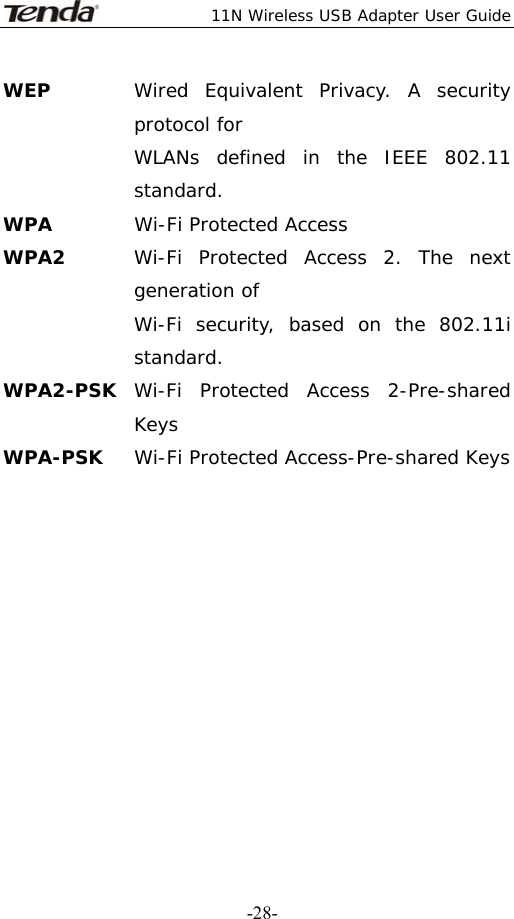  11N Wireless USB Adapter User Guide   -28-WEP  Wired Equivalent Privacy. A security protocol for   WLANs defined in the IEEE 802.11 standard. WPA  Wi-Fi Protected Access WPA2  Wi-Fi Protected Access 2. The next generation of   Wi-Fi security, based on the 802.11i standard. WPA2-PSK  Wi-Fi Protected Access 2-Pre-shared Keys WPA-PSK  Wi-Fi Protected Access-Pre-shared Keys           